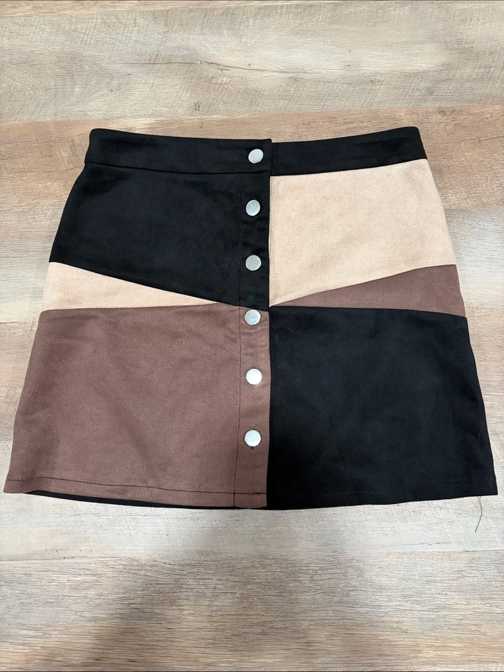 Altar'd State Black, Brown & Cream Colorblock Mini Skirt with Snap Front